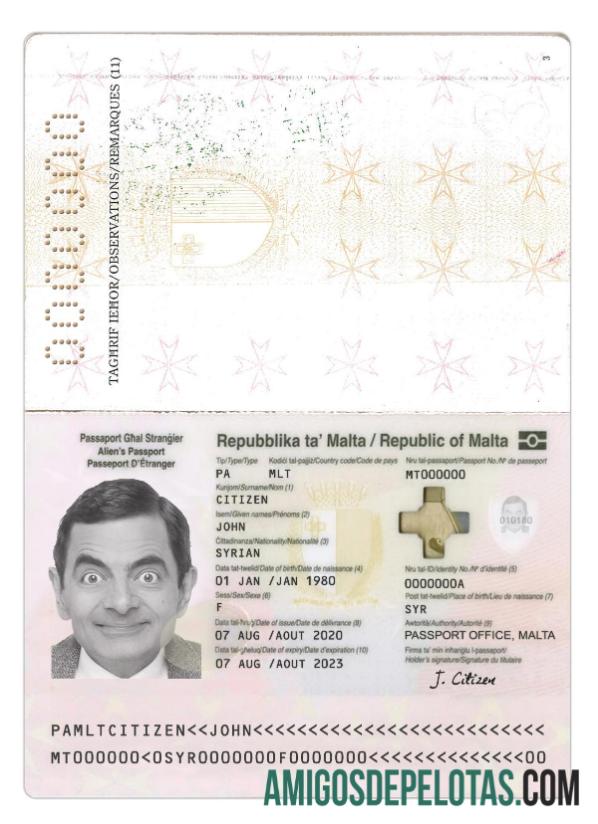 Passaporte Malta 2020 Presente exemplo real